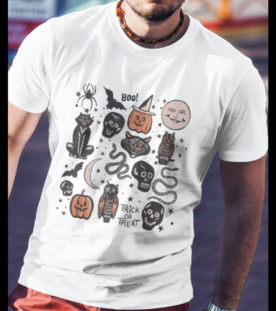 Halloween Season Boo Trick Or Treat Pumpkin Skull Spooky Vibes Moon Cat Owl Snake T-Shirt