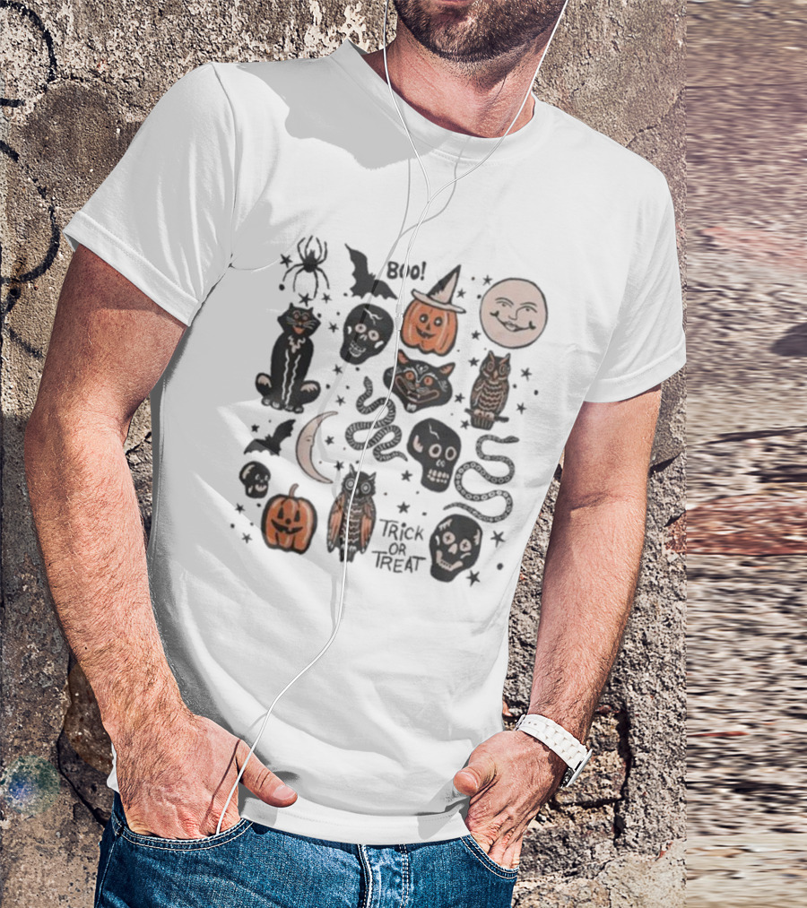 Halloween Season Boo Trick Or Treat Pumpkin Skull Spooky Vibes Moon Cat Owl Snake T-Shirt