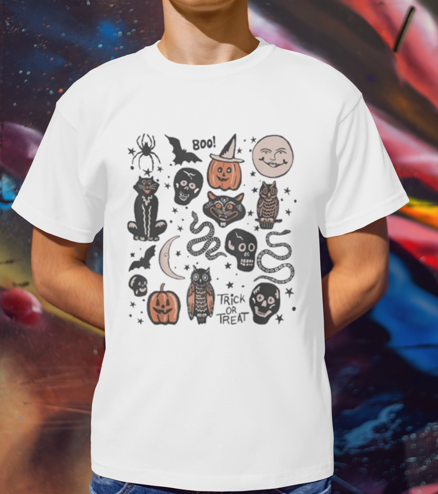 Halloween Season Boo Trick Or Treat Pumpkin Skull Spooky Vibes Moon Cat Owl Snake T-Shirt