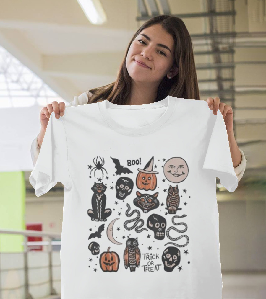 Halloween Season Boo Trick Or Treat Pumpkin Skull Spooky Vibes Moon Cat Owl Snake T-Shirt