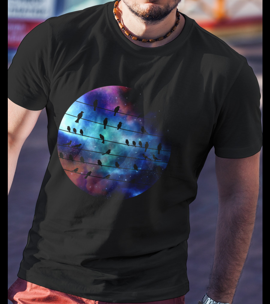 Birds On A Wire Cosmic Galaxy Silhouette In Space T-Shirt
