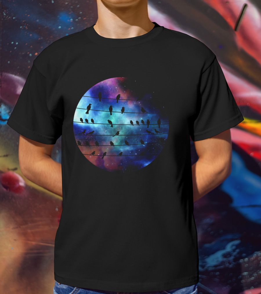 Birds On A Wire Cosmic Galaxy Silhouette In Space T-Shirt