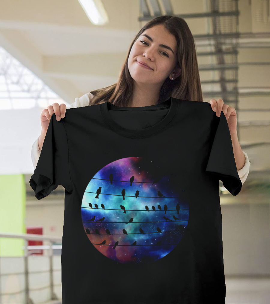 Birds On A Wire Cosmic Galaxy Silhouette In Space T-Shirt