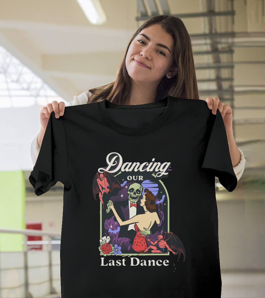 Dancing Our Last Dance Halloween Skeleton Couple With Demons And Flowers T-Shirt