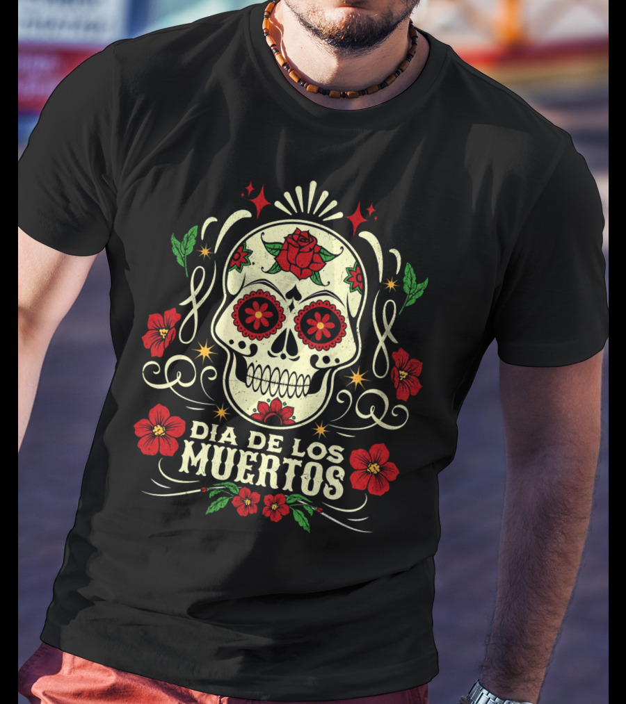 Dia De Los Muertos Skull With Red Roses And Floral Accents T-Shirt