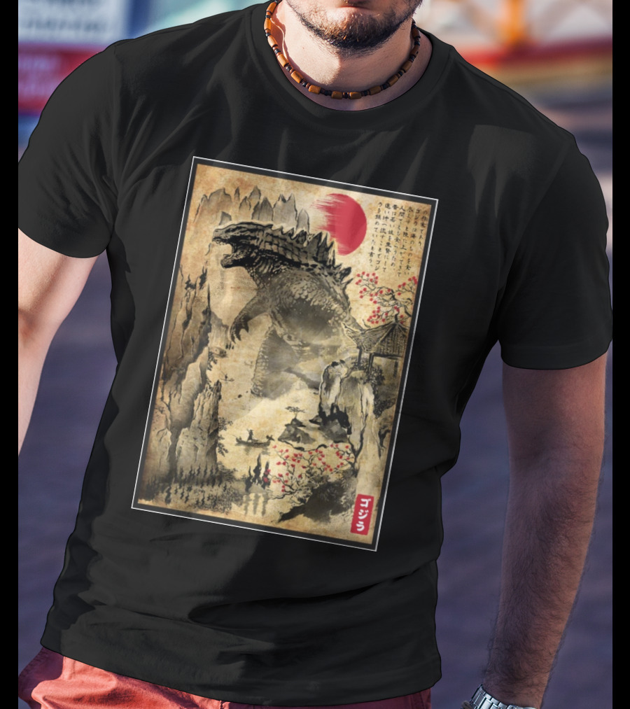 Gojira Japanese Woodblock Ukiyo-e Style With Red Sun And Cherry Blossoms T-Shirt