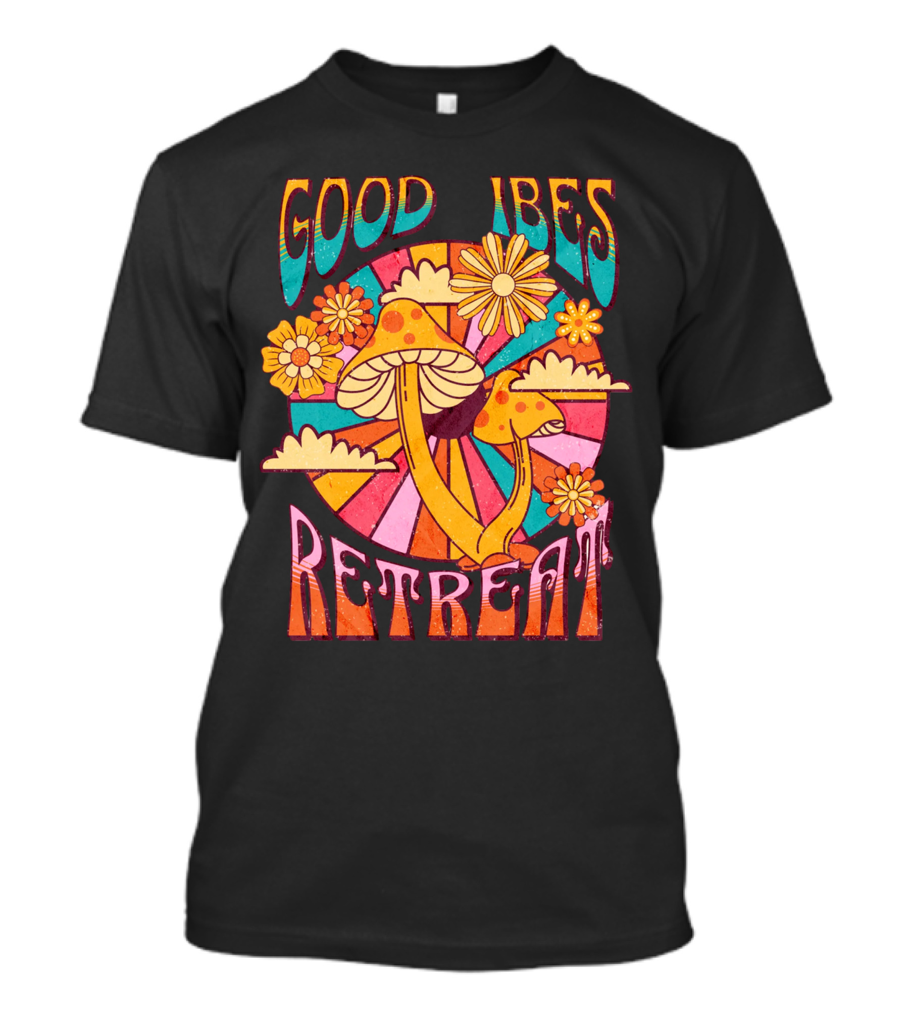 Good Vibes Retreat Mushroom Flowers Retro Psychedelic T-Shirt