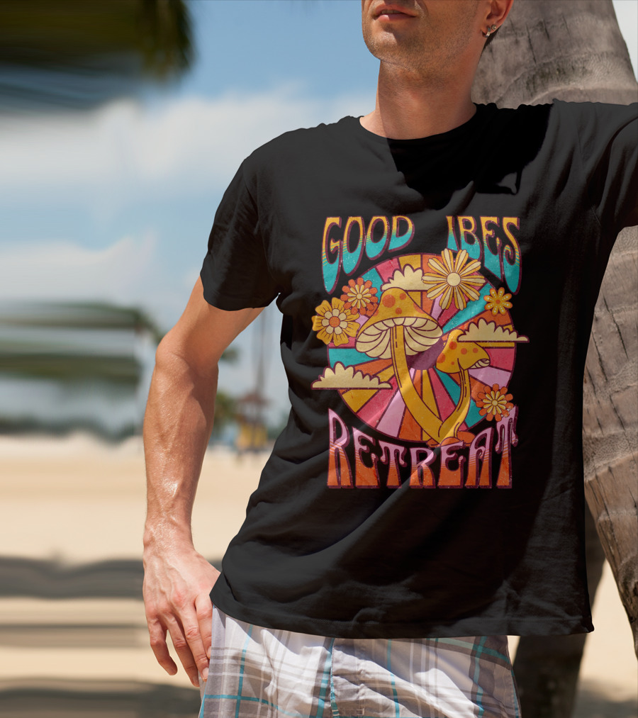 Good Vibes Retreat Mushroom Flowers Retro Psychedelic T-Shirt