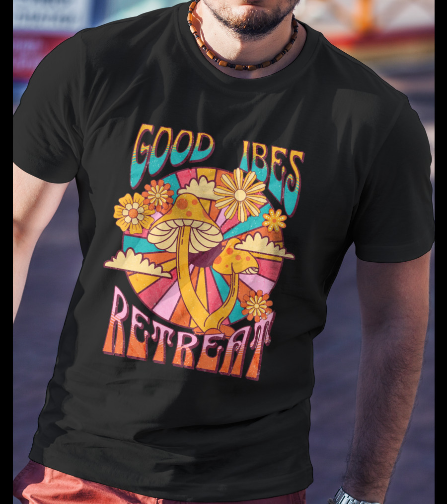 Good Vibes Retreat Mushroom Flowers Retro Psychedelic T-Shirt