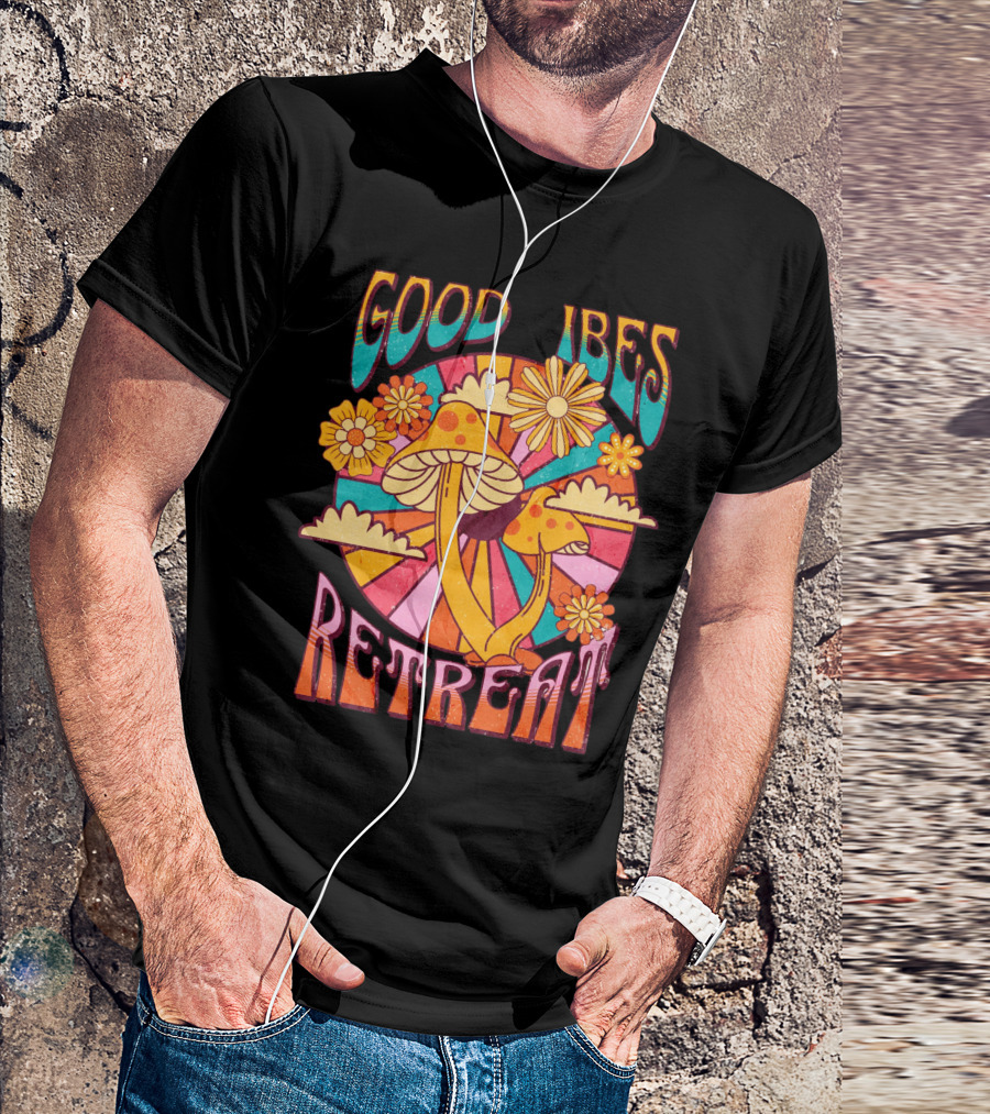 Good Vibes Retreat Mushroom Flowers Retro Psychedelic T-Shirt