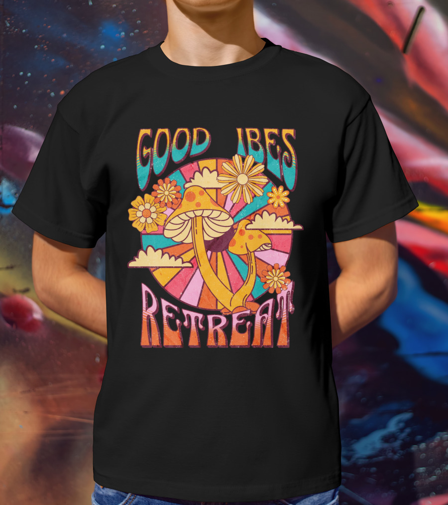 Good Vibes Retreat Mushroom Flowers Retro Psychedelic T-Shirt