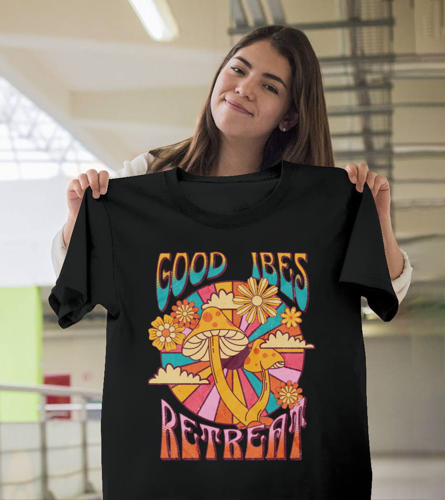Good Vibes Retreat Mushroom Flowers Retro Psychedelic T-Shirt