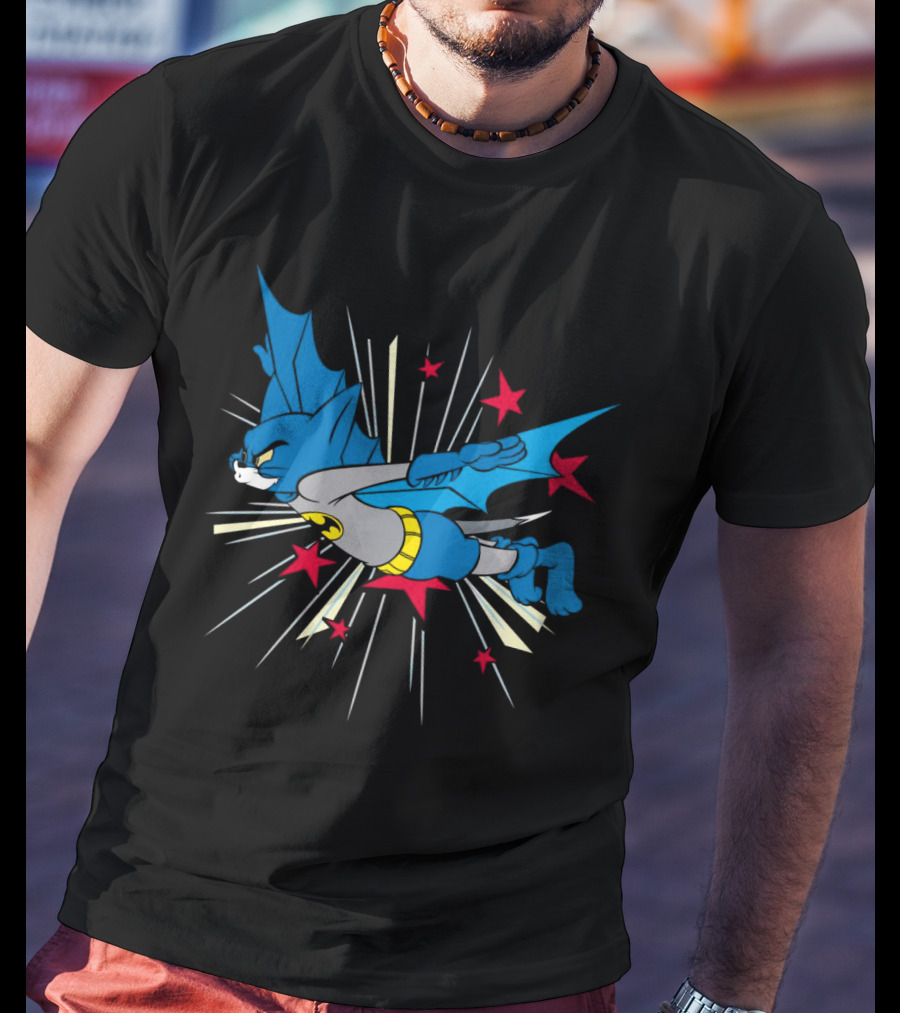 Herre Premium Bat-Cat Superhero Flying Action T-Shirt