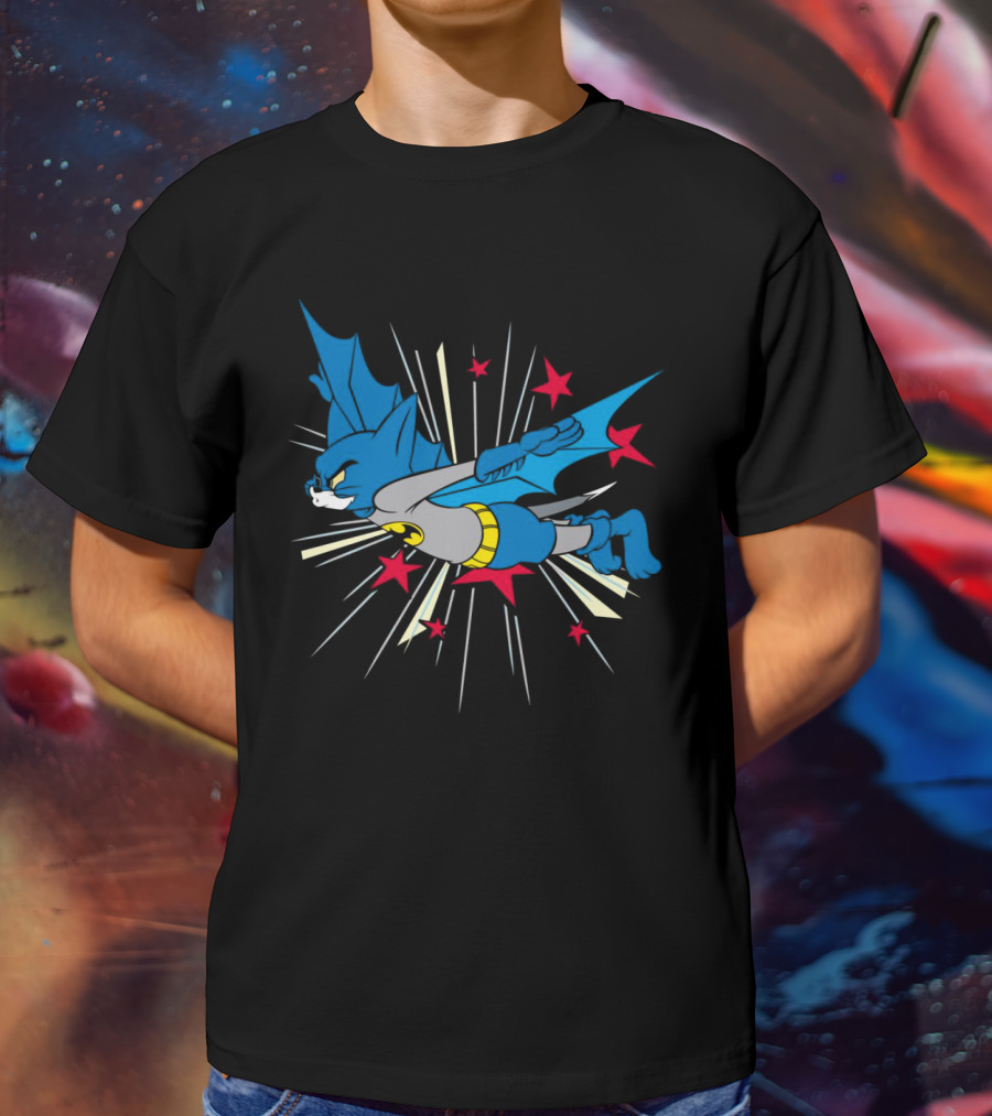 Herre Premium Bat-Cat Superhero Flying Action T-Shirt