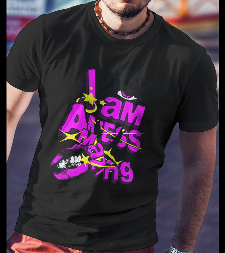 I Am Amazing Bold Eye And Lips Starburst Pink And Yellow T-Shirt