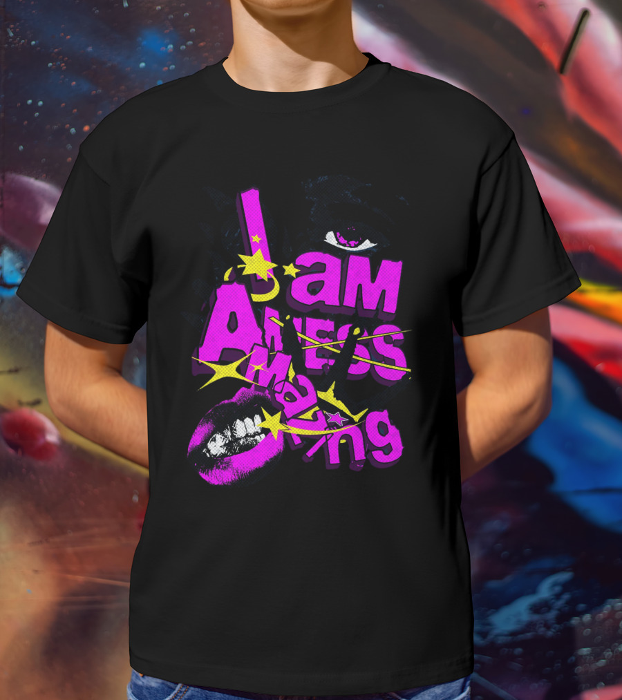 I Am Amazing Bold Eye And Lips Starburst Pink And Yellow T-Shirt