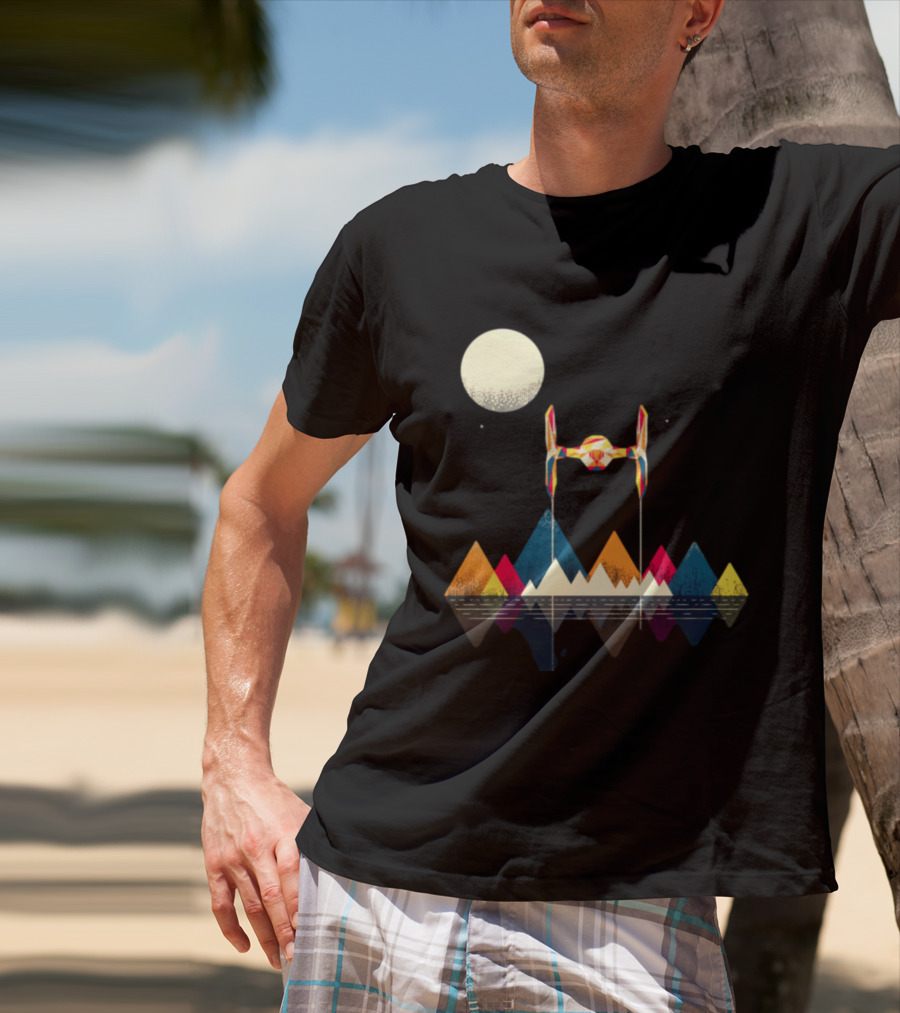 Imperial Fighter Tie Spaceship Over Geometric Mountains And Moon T-Shirt