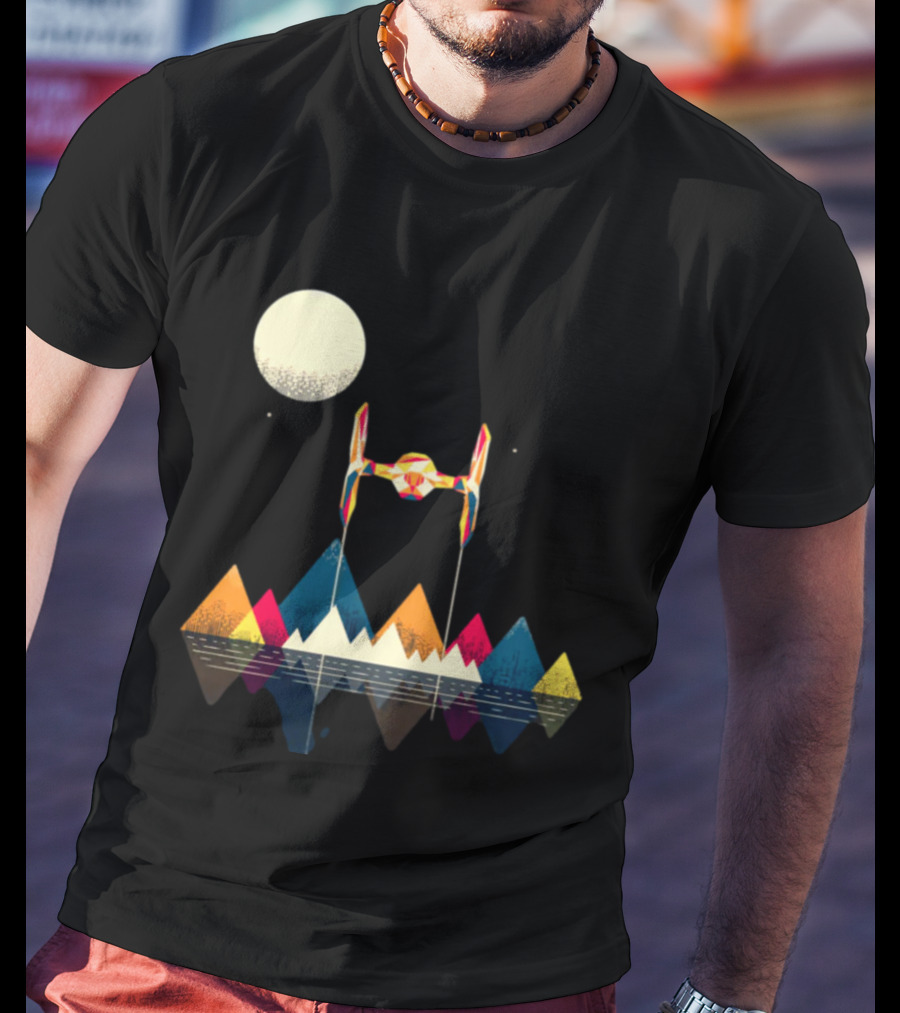 Imperial Fighter Tie Spaceship Over Geometric Mountains And Moon T-Shirt