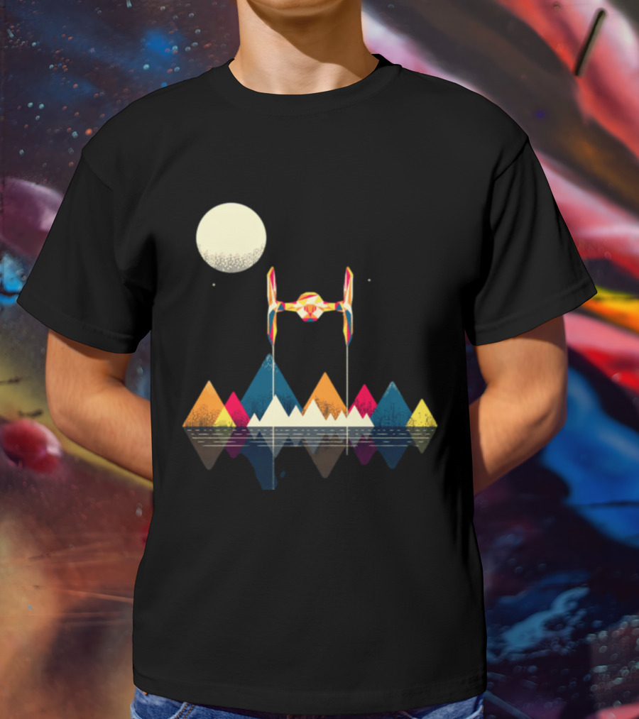 Imperial Fighter Tie Spaceship Over Geometric Mountains And Moon T-Shirt