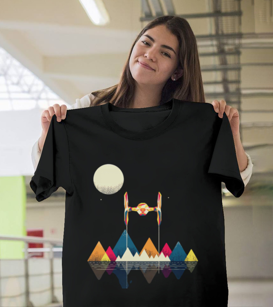 Imperial Fighter Tie Spaceship Over Geometric Mountains And Moon T-Shirt