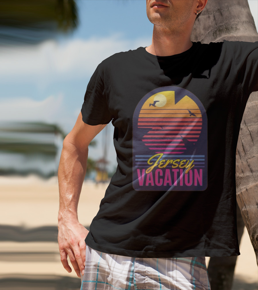 Jersey Vacation Retro Sunset Beach Scene With Birds And Stripes T-Shirt