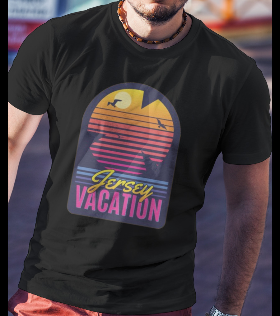 Jersey Vacation Retro Sunset Beach Scene With Birds And Stripes T-Shirt