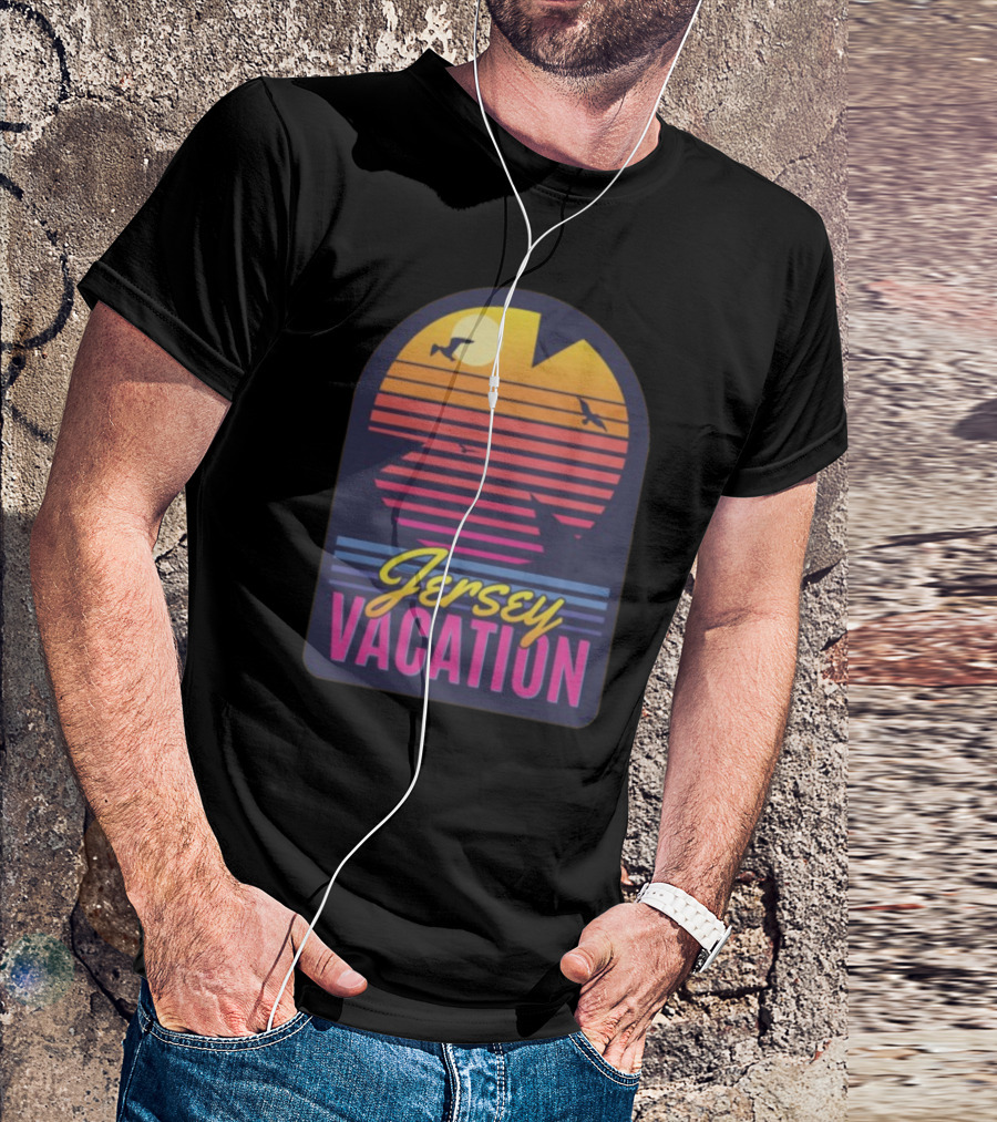 Jersey Vacation Retro Sunset Beach Scene With Birds And Stripes T-Shirt