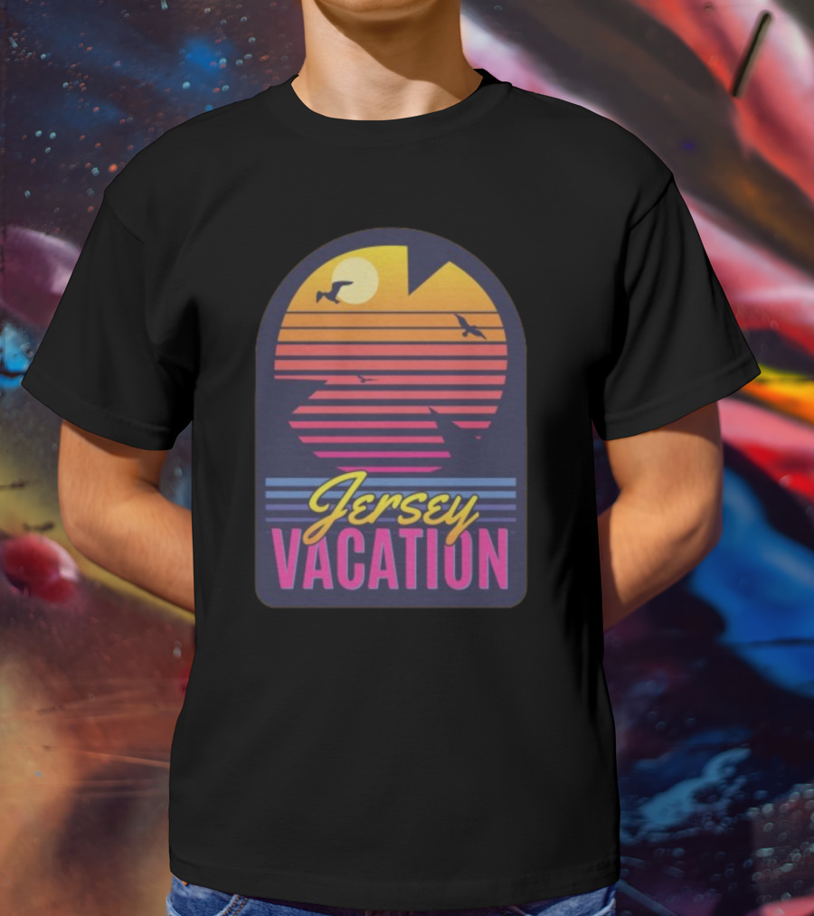 Jersey Vacation Retro Sunset Beach Scene With Birds And Stripes T-Shirt