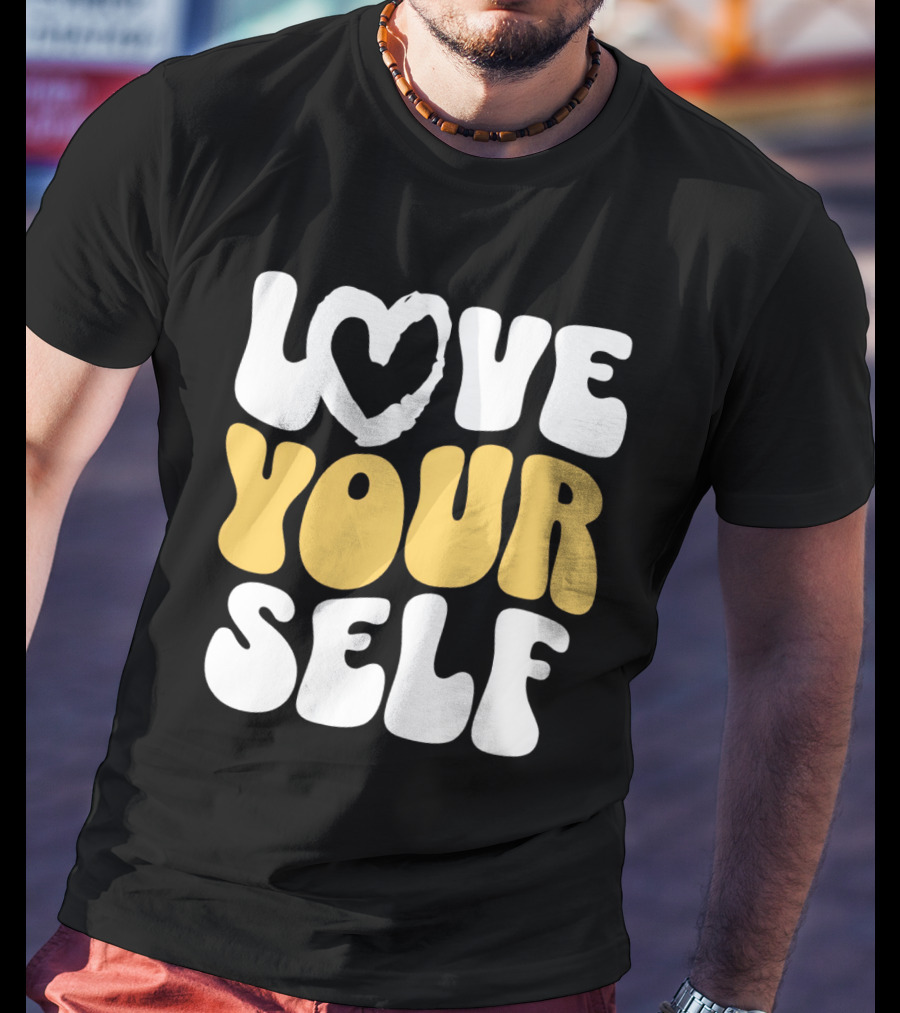 Love Your Self Heart Wavy Typography T-Shirt