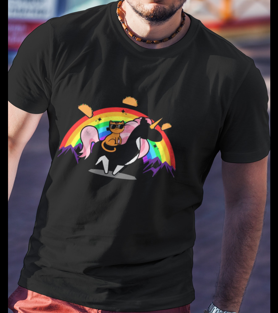 Cat Riding Unicorn With Rainbow And Tacos Magical Adventure T-Shirt