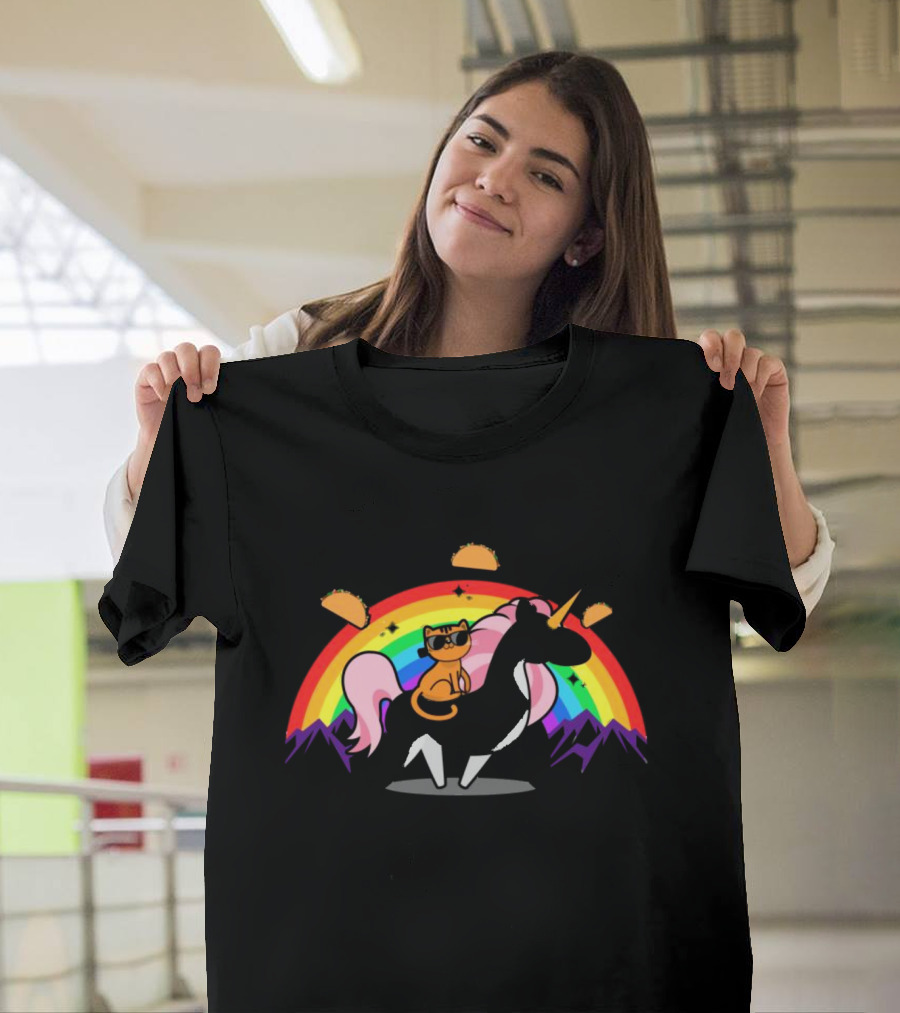 Cat Riding Unicorn With Rainbow And Tacos Magical Adventure T-Shirt