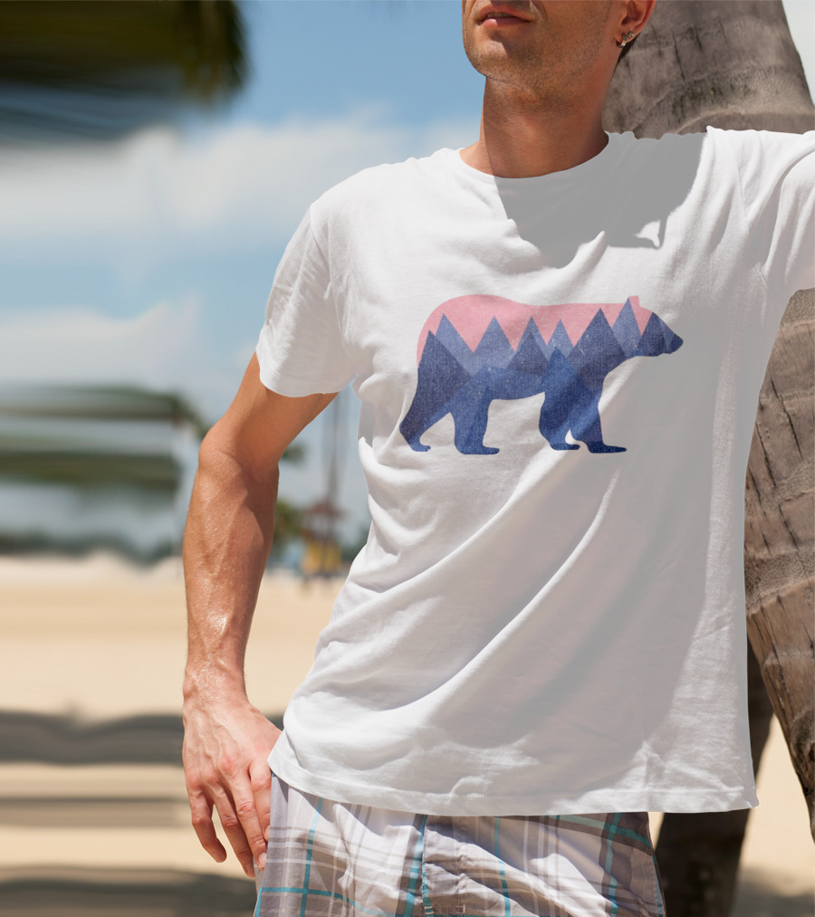 Mountain Bear Silhouette With Geometric Peaks In Blue And Pink T-Shirt