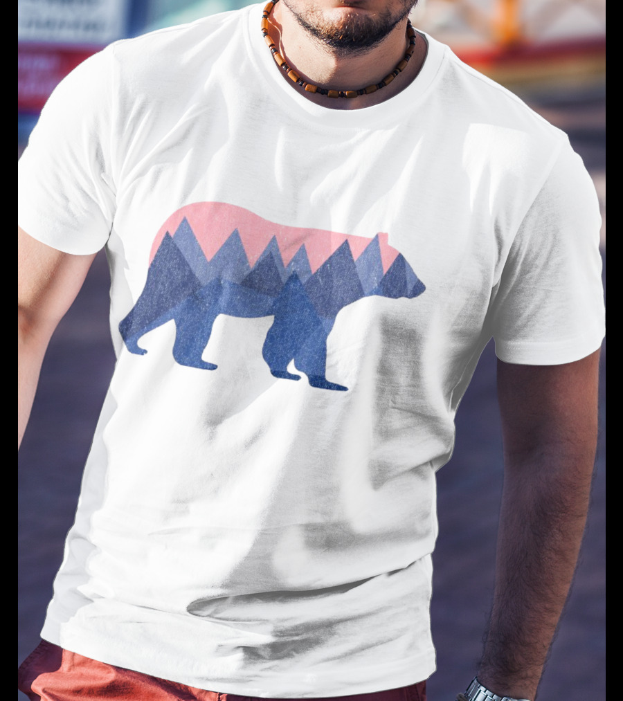 Mountain Bear Silhouette With Geometric Peaks In Blue And Pink T-Shirt
