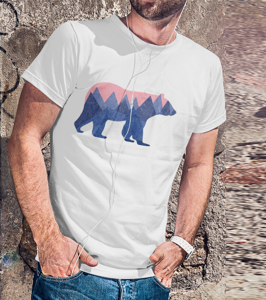 Mountain Bear Silhouette With Geometric Peaks In Blue And Pink T-Shirt