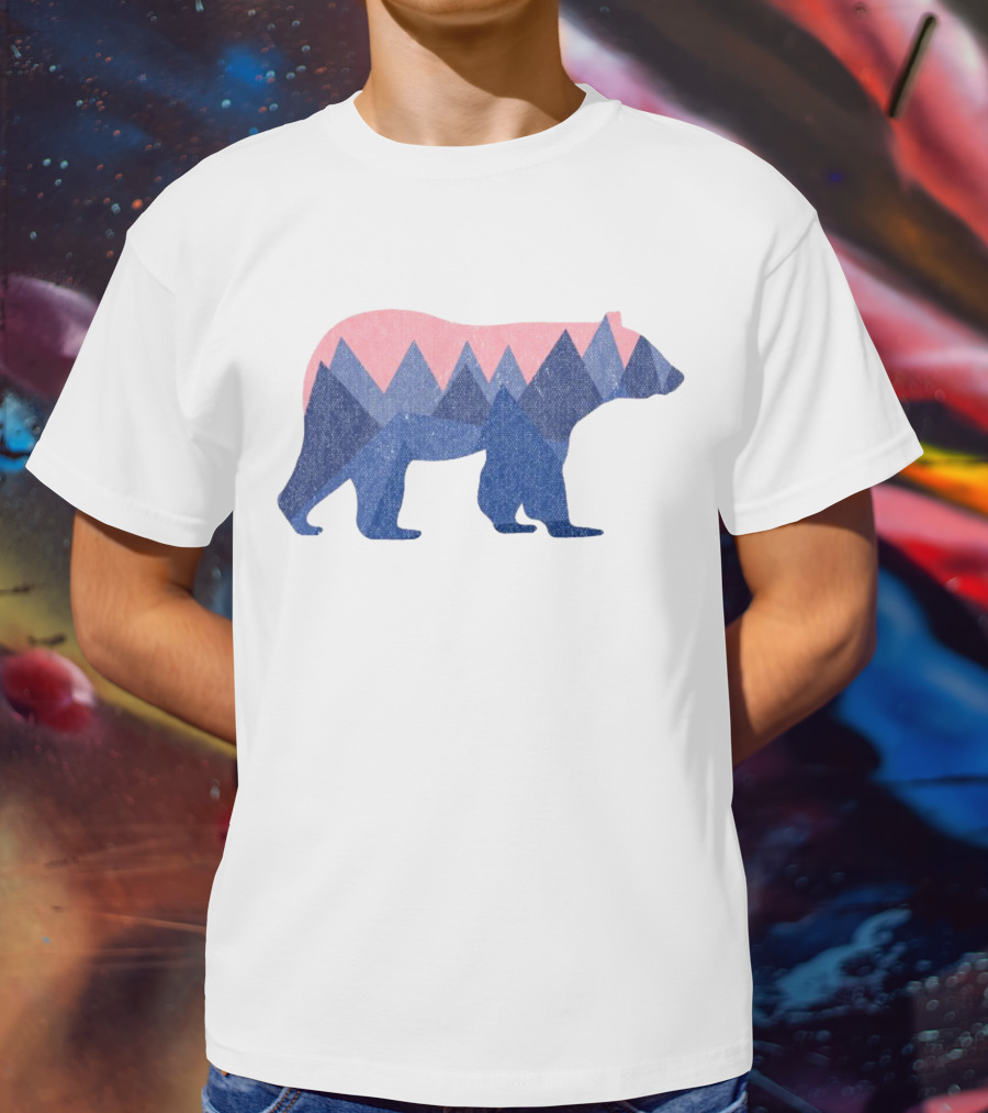 Mountain Bear Silhouette With Geometric Peaks In Blue And Pink T-Shirt