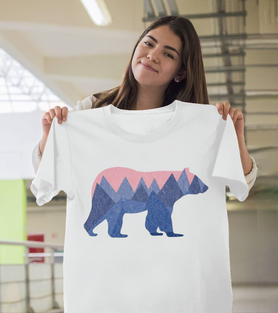 Mountain Bear Silhouette With Geometric Peaks In Blue And Pink T-Shirt