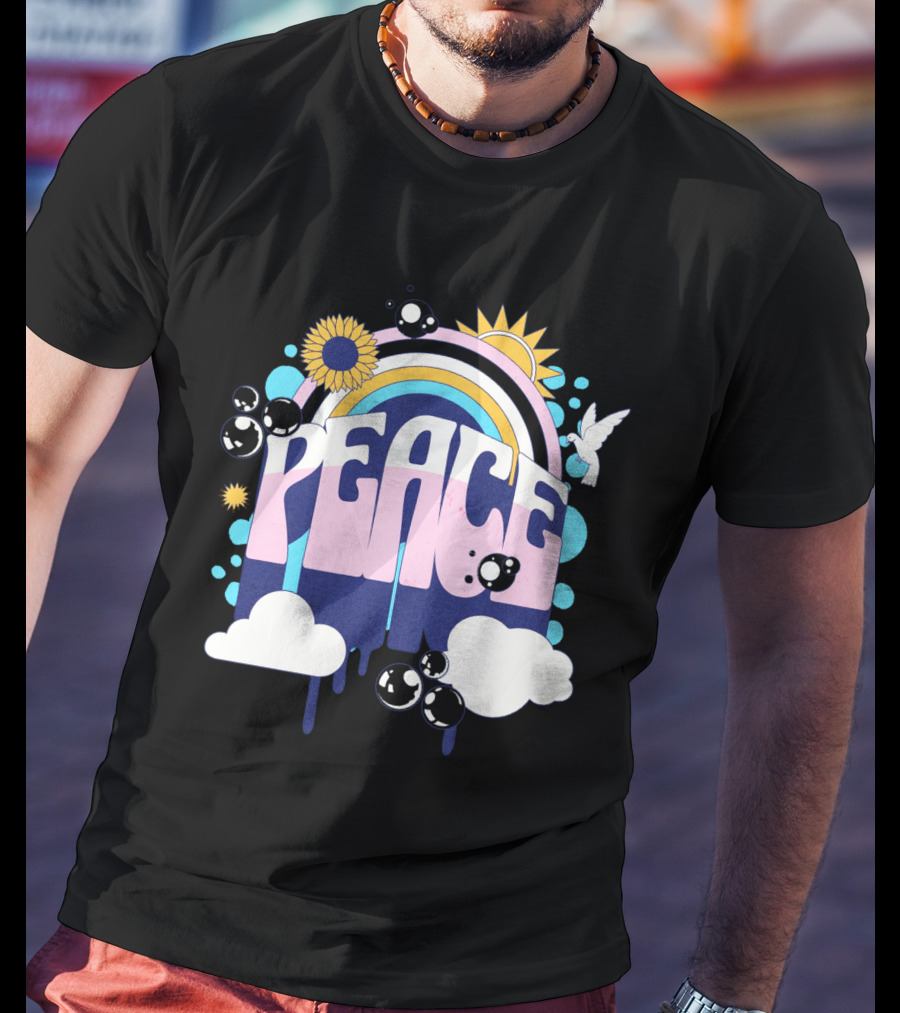 Peace Colorful Rainbow Sunflower Clouds Dove And Good Vibes T-Shirt