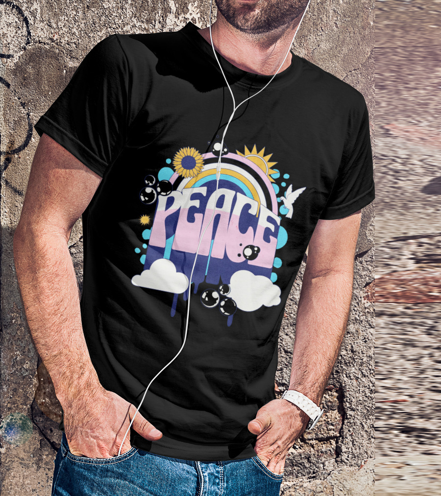 Peace Colorful Rainbow Sunflower Clouds Dove And Good Vibes T-Shirt