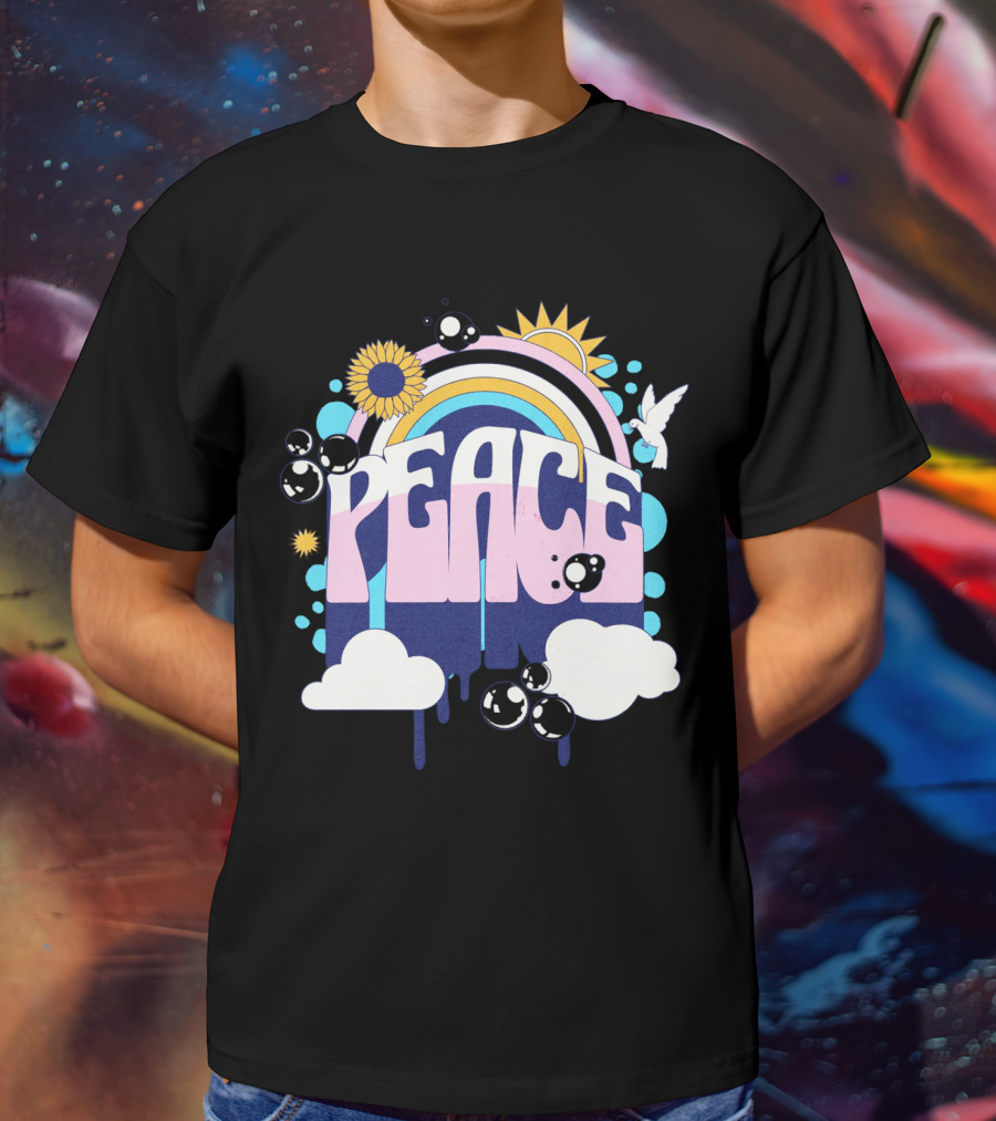 Peace Colorful Rainbow Sunflower Clouds Dove And Good Vibes T-Shirt