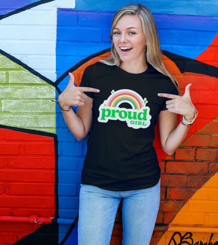 Proud Girl Green Text Rainbow With Sparkles T-Shirt
