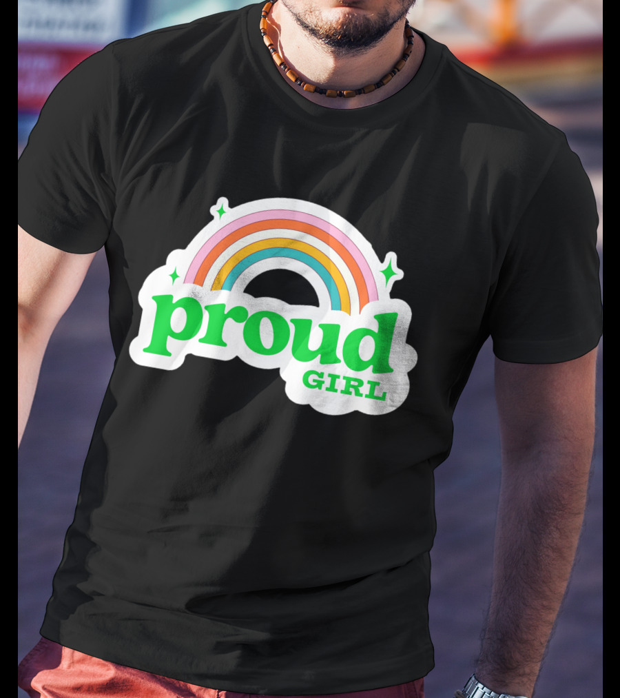 Proud Girl Green Text Rainbow With Sparkles T-Shirt