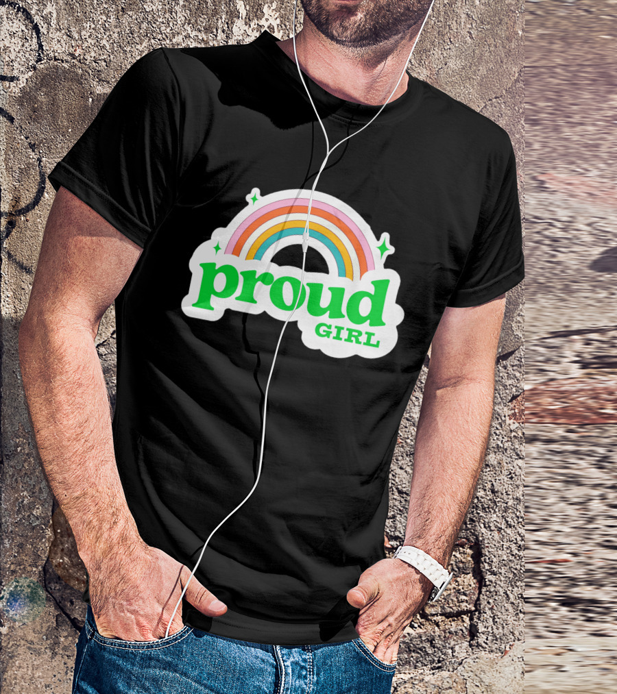 Proud Girl Green Text Rainbow With Sparkles T-Shirt