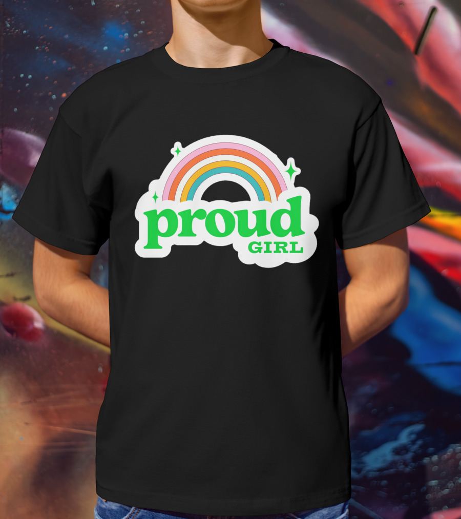 Proud Girl Green Text Rainbow With Sparkles T-Shirt
