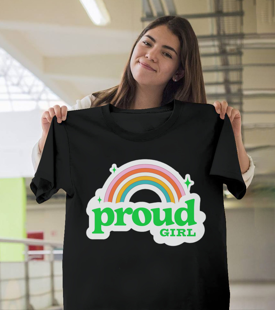 Proud Girl Green Text Rainbow With Sparkles T-Shirt