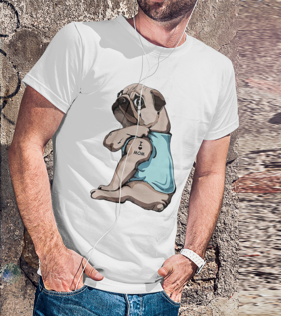 Pug I Love Mom Tattoo Blue T-Shirt