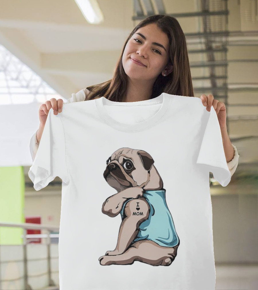 Pug I Love Mom Tattoo Blue T-Shirt