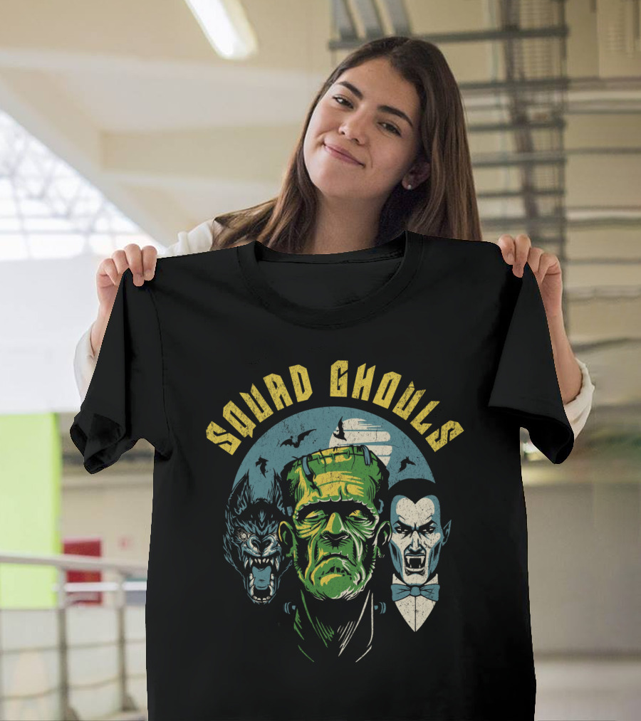 Squad Ghouls Frankenstein Dracula Werewolf Halloween Characters T-Shirt