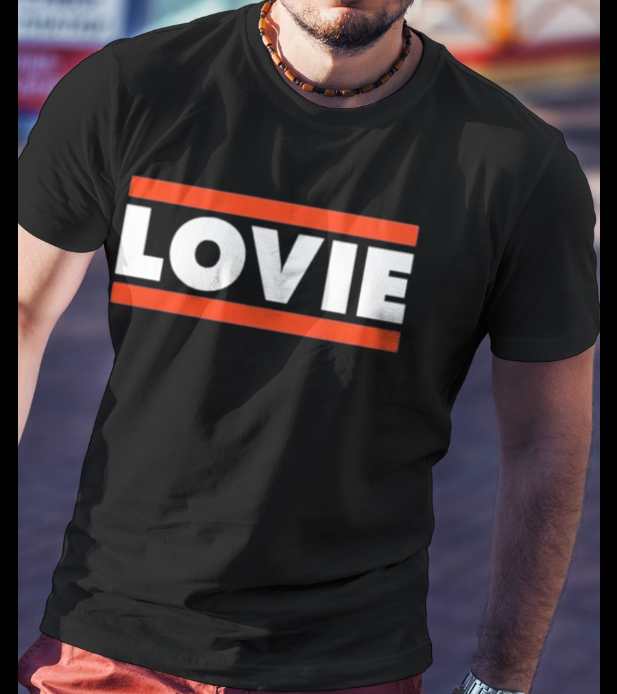 LOVIE Bold Block Letters With Red Stripes T-Shirt