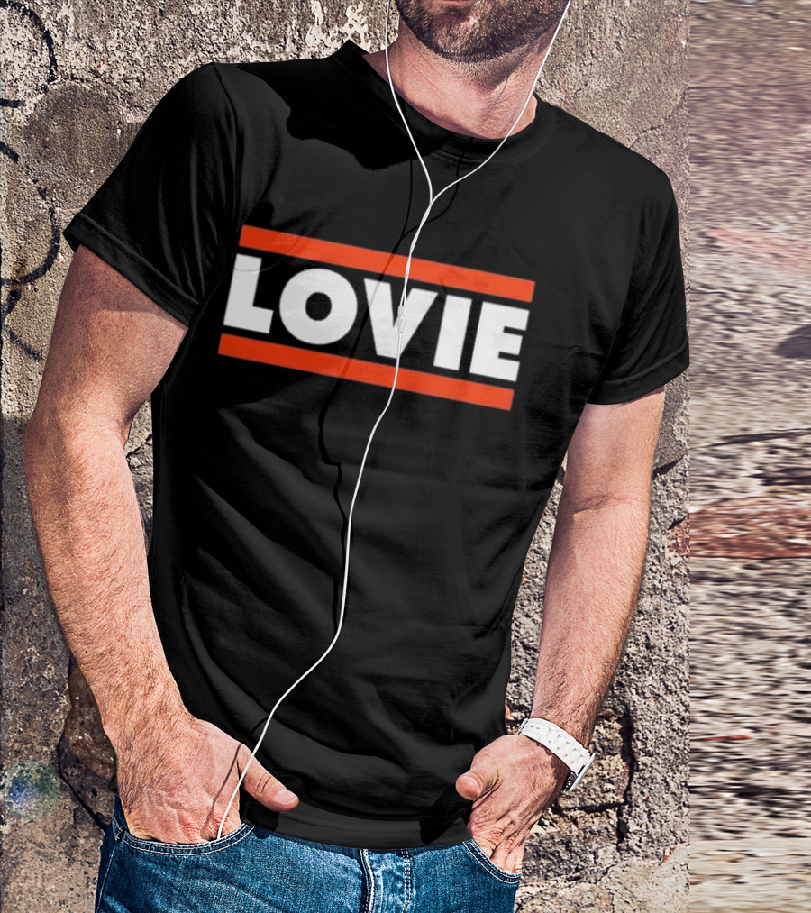 LOVIE Bold Block Letters With Red Stripes T-Shirt