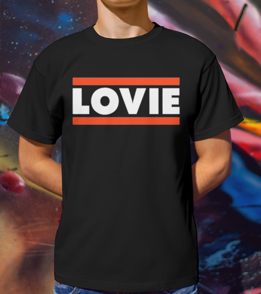 LOVIE Bold Block Letters With Red Stripes T-Shirt